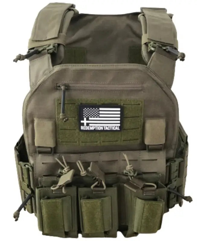 Olive drab Redemption Tactical Crusader 2.0 plate carrier vest with modular pouches and standard 10x12 plate