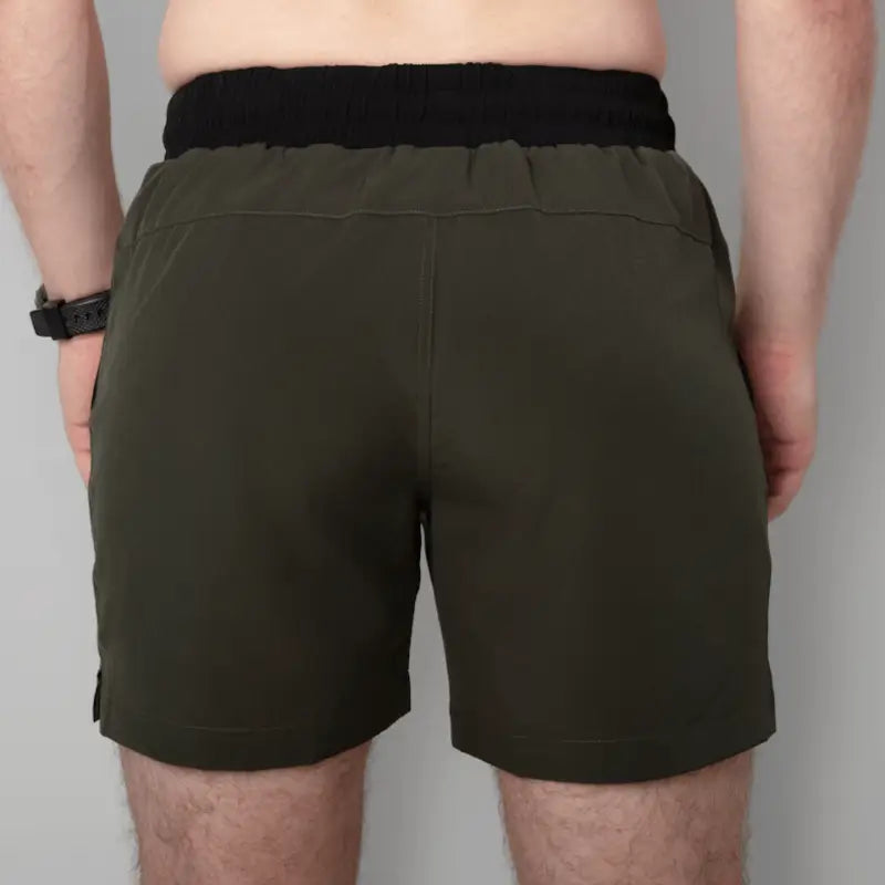 Olive green Carrier Training Shorts Mk.II with 5-inch inseam for concealed carry and training