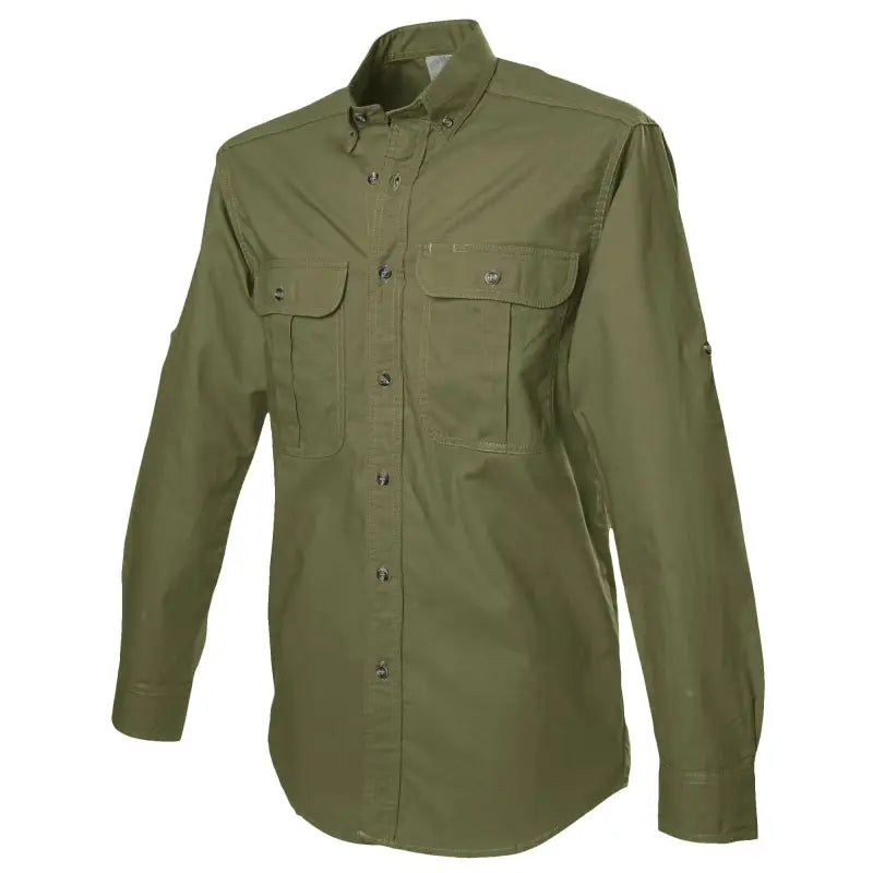 Olive green safari shirt for men featuring two chest pockets and long sleeves