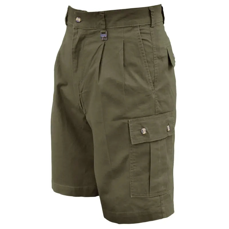 Olive green cargo shorts for men with pleated front, ideal for first responders