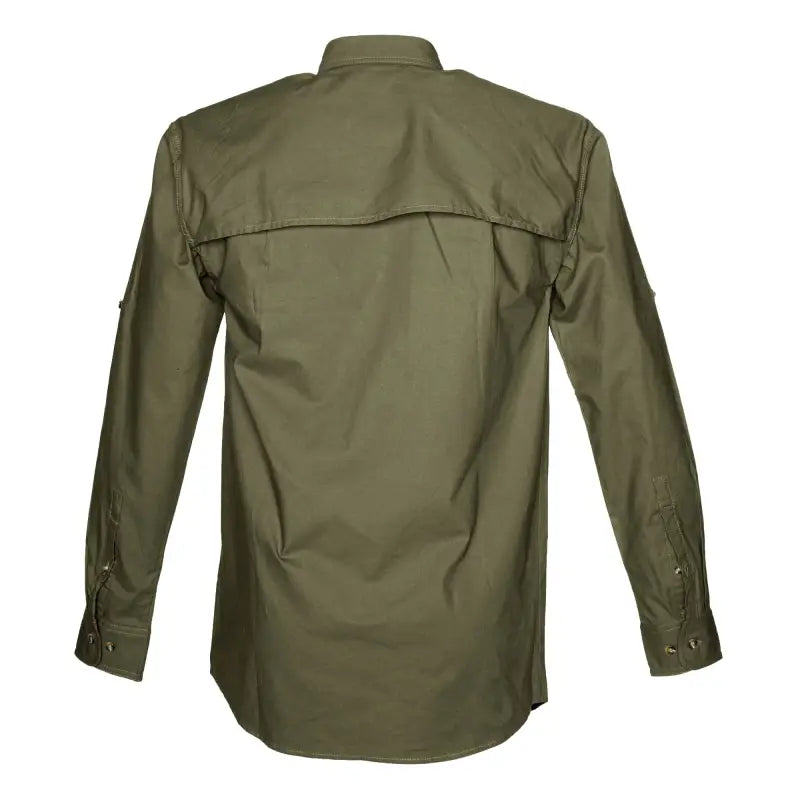 Olive green long-sleeved Adventure Safari Shirt for Men with back yoke panel
