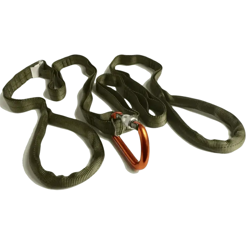 Olive green Multi-Loop Rescue Strap with orange carabiner for secure rigging