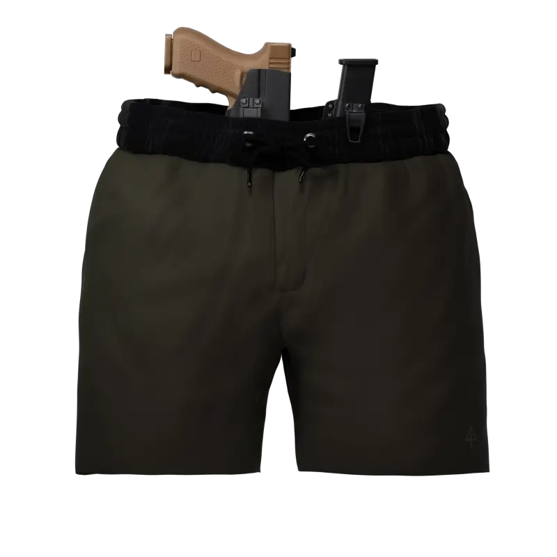 Olive-green carrier training shorts with gun and magazine holster for concealed carry