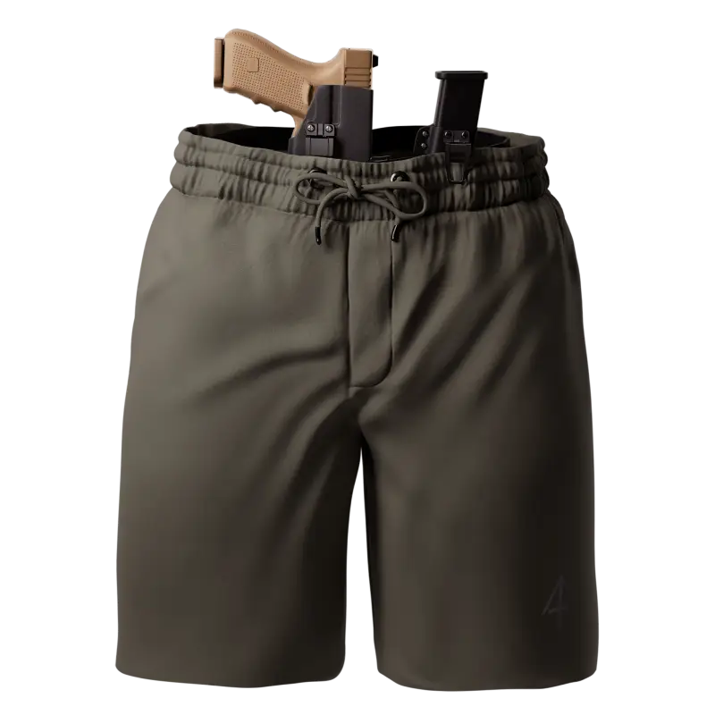 Olive-green Carrier Shorts Mk.II with holstered handgun for concealed carry by Arrowhead Tactical Apparel