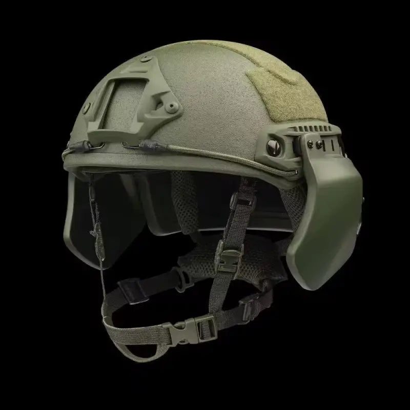 Olive-green tactical helmet with chin strap featuring Ear Armor for enhanced body armor protection