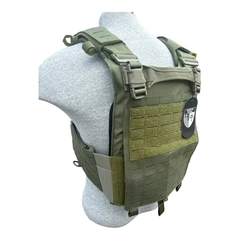 Olive green Redemption Tactical Crusader 2.0 plate carrier vest with adjustable straps and MOLLE webbing designed for standard 10x12 plates