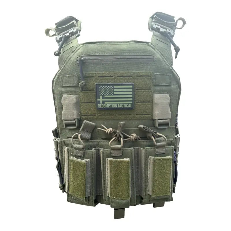 Olive green Redemption Tactical CRUSADER 2.0 plate carrier vest with magazine pouches and standard 10x12 plate slot