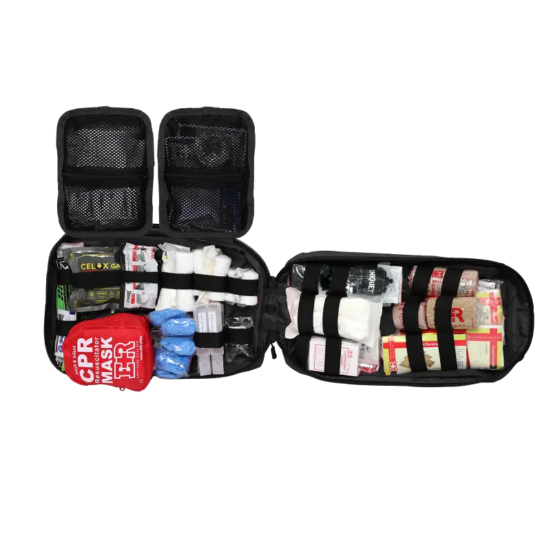 Open first aid kit from Rip-Away Tactical Trauma Kit for first responders, firefighter, police