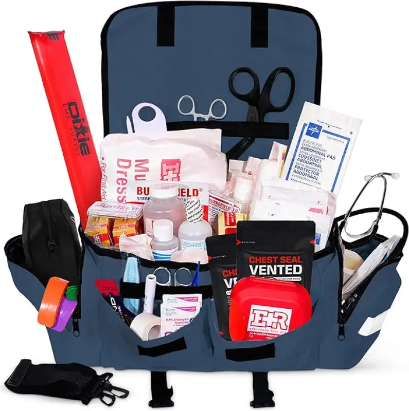 Open first aid kit from Fully Stocked EMT Trauma Kit for first responders, firefighters, police