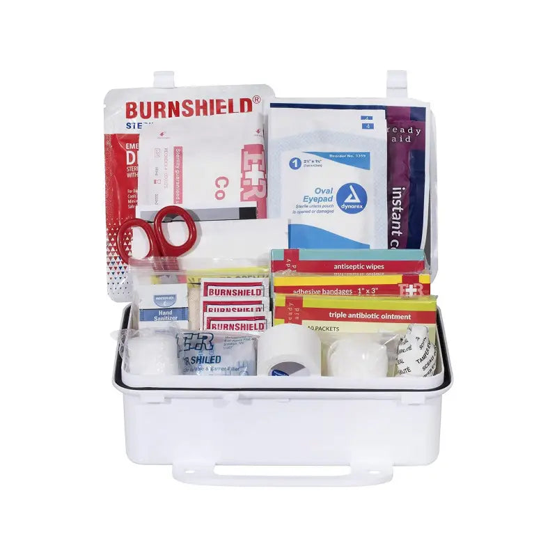 Open first aid kit for first responders, firefighters, and police safety situations