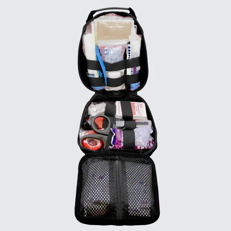 Open black small Rip-Away Tactical Trauma Kit for first responders, firefighters, police