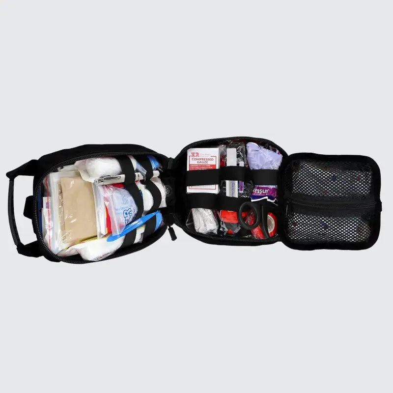 Open black first aid kit for first responders, firefighters, and police personnel