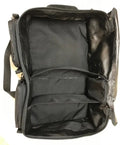 Open black Wildland Fire Gear Bag with suede leather wrap and dual compartments