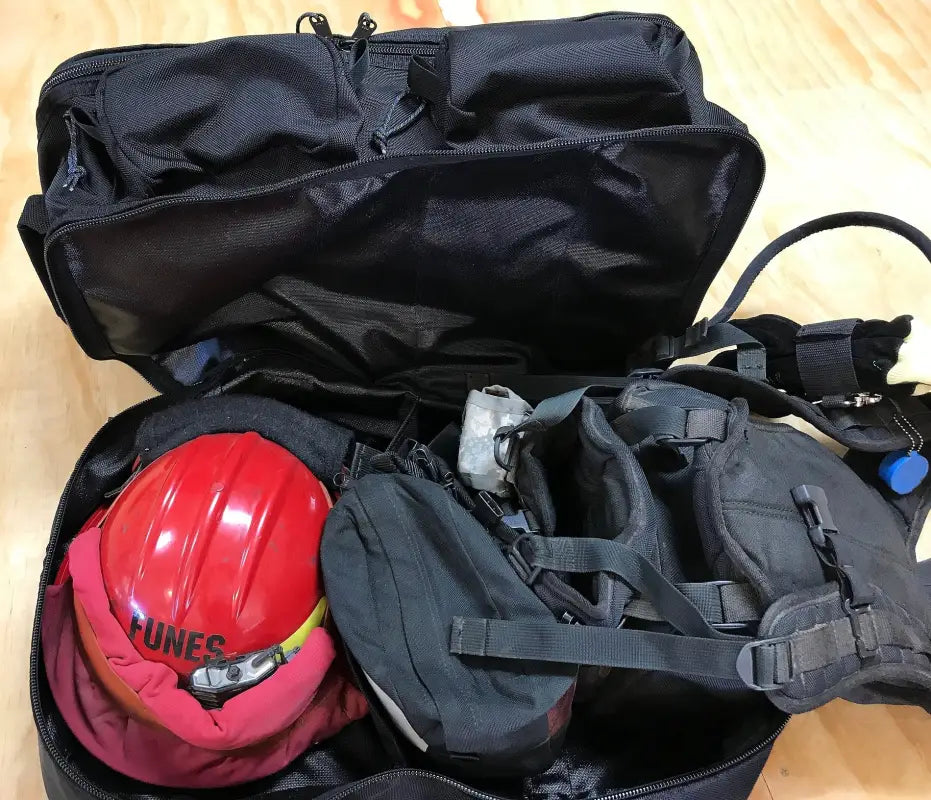 Open Wildland Fire Gear Bag 2 Compartment Funes Style with suede leather wrap and gear