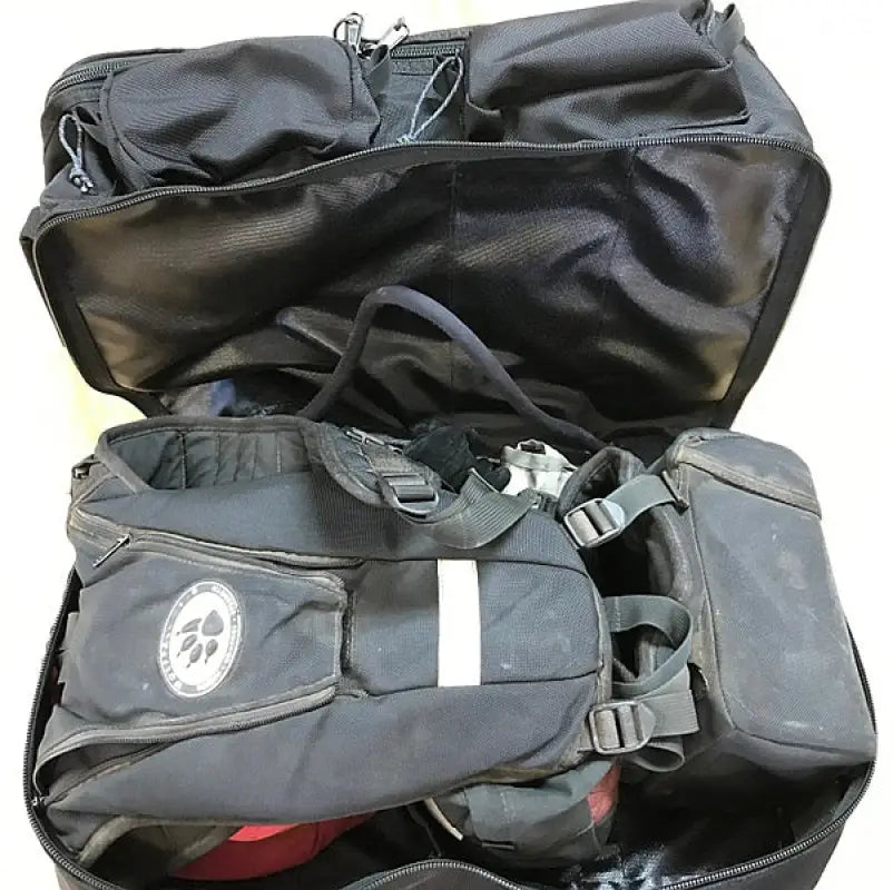 Open black gear bag with suede leather wrap in Wildland Fire Gear Bag 2 Compartment Funes Style