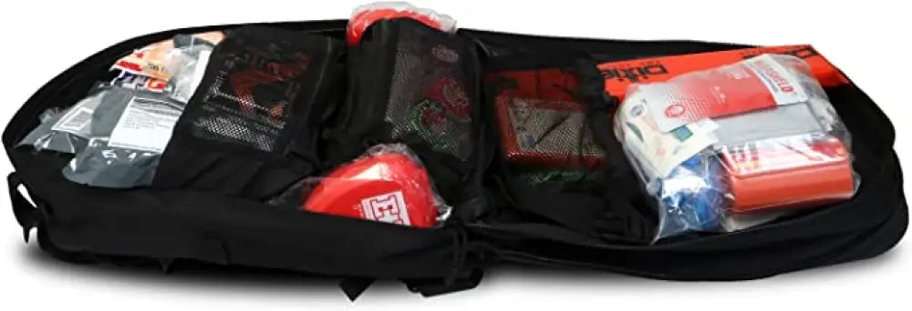 Open black medical bag with supplies for first responders firefighters and police teams