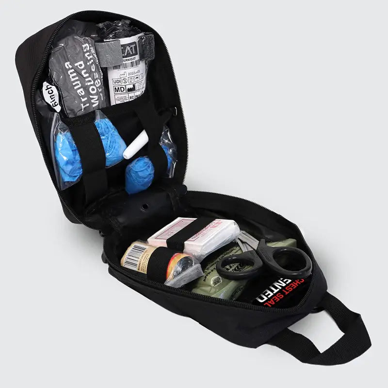 Open black medical kit for first responders in firefighter and police emergency situations