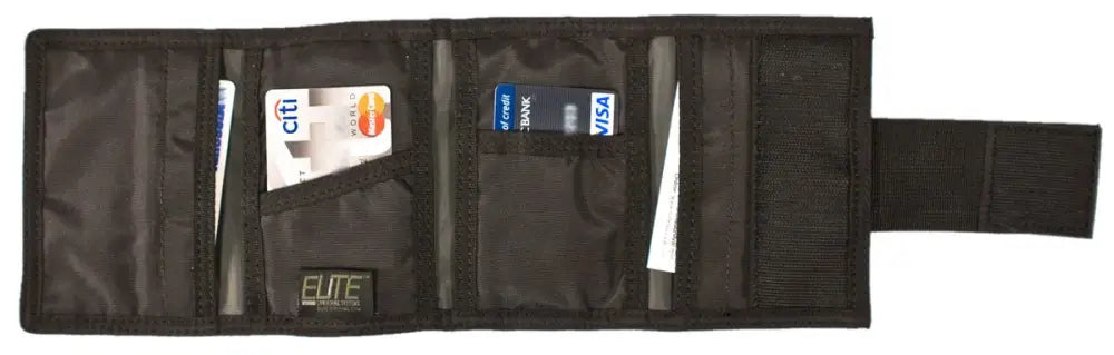 Open black Hide-away Ankle Wallet with Holster showing cards, ideal for first responders