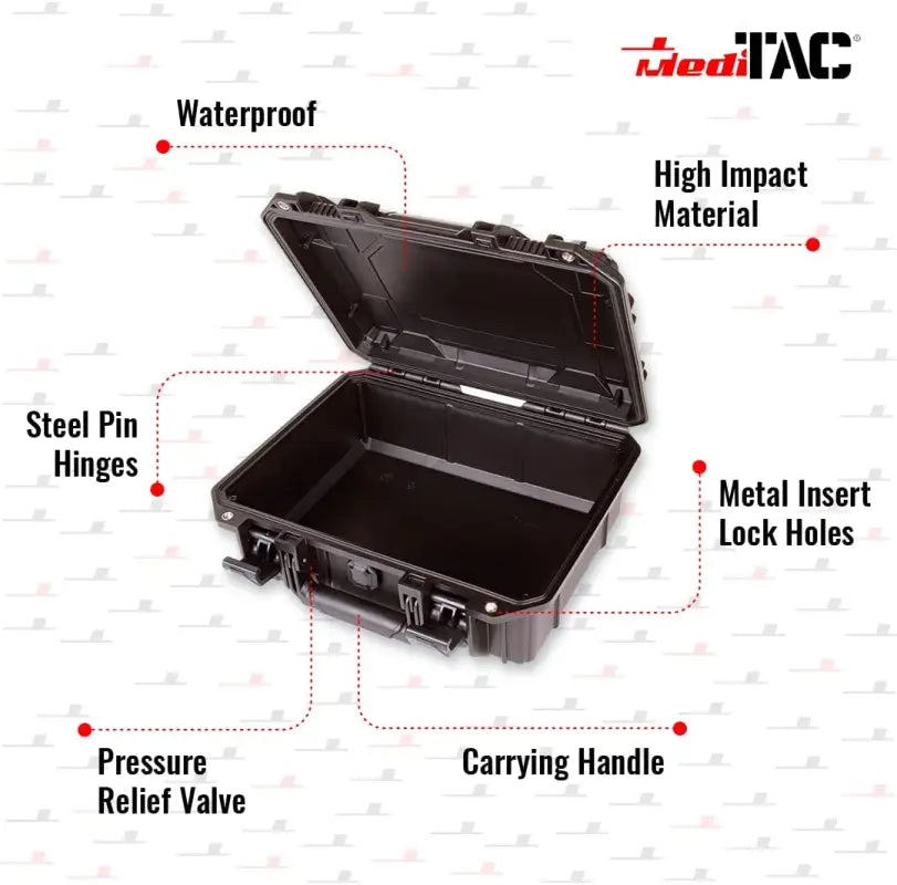 Open black waterproof case with labeled features for First Responders and Firefighters