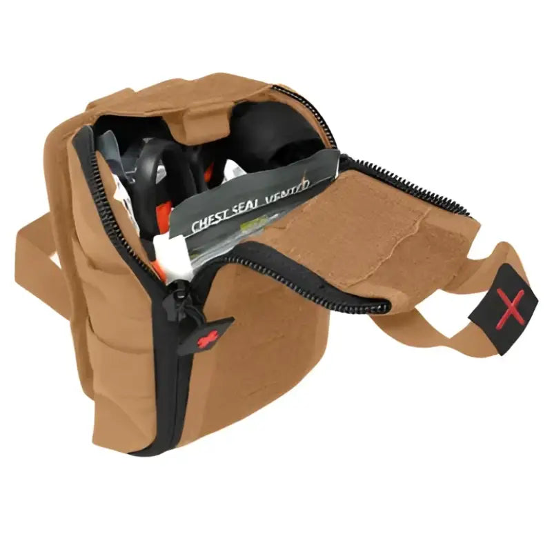 Open brown Tactical IFAK Kit for first responders, firefighters, and police emergency use