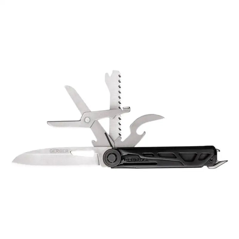 Open multi-tool with black handle showcasing Gerber Gear 1064397 Armbar Scout onyx, limited lifetime warranty