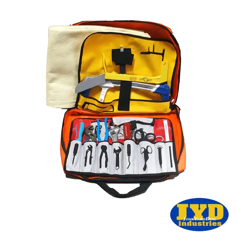 Open orange crash bag kit with GlasMaster for professional emergency tool storage