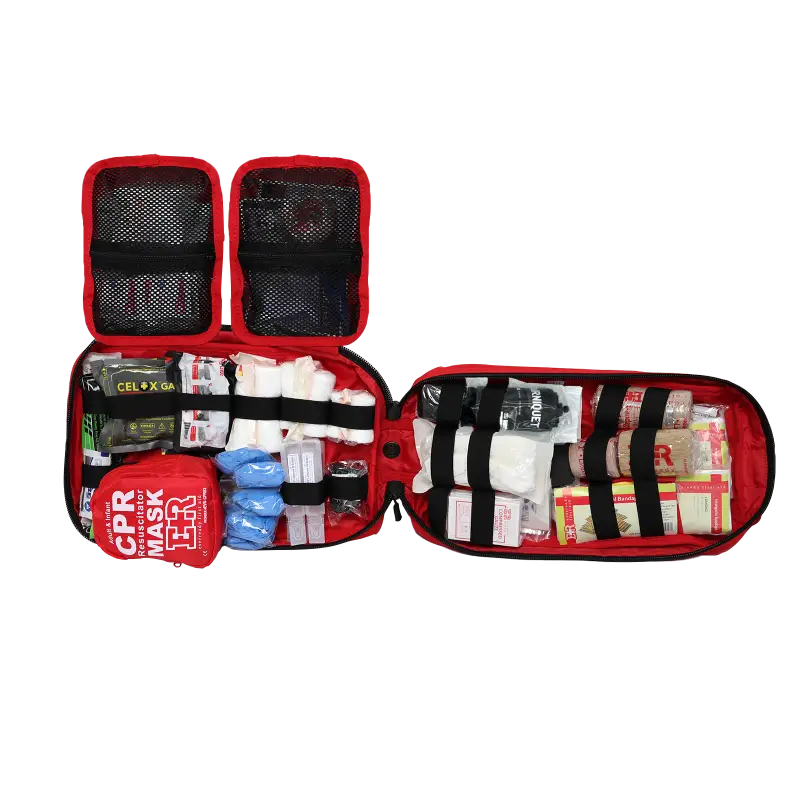 Open red first aid kit from Rip-Away Tactical Trauma Kit for first responders firefighters police