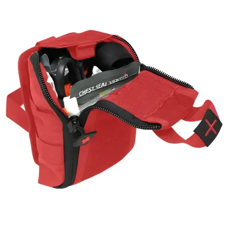 Open red Tactical IFAK Kit for first responders, firefighters, and police rescue teams