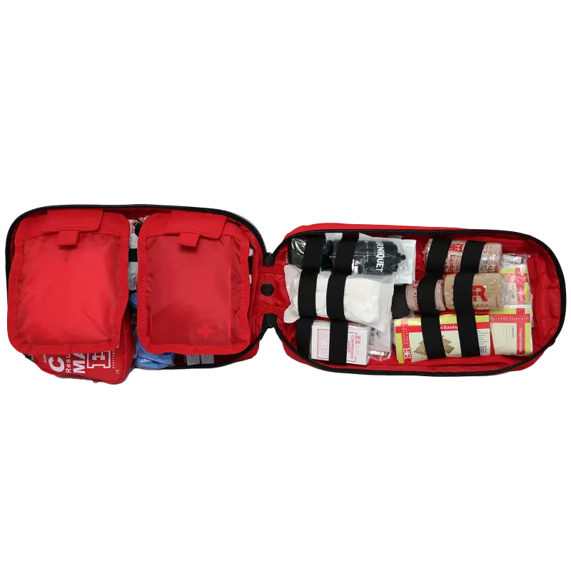 Open red first aid kit from Rip-Away Tactical Trauma Kit for first responders and firefighters