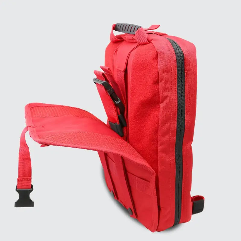 Open red medical backpack from Rip-Away Tactical Trauma Kit for first responders and firefighters