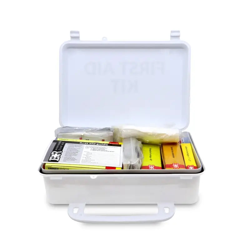 Open white first aid kit from 25 Person Marine Rescue Plastic Kit for first responders