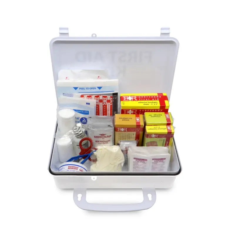 Open white first aid kit from 25 Person Marine Rescue Plastic Kit for first responders