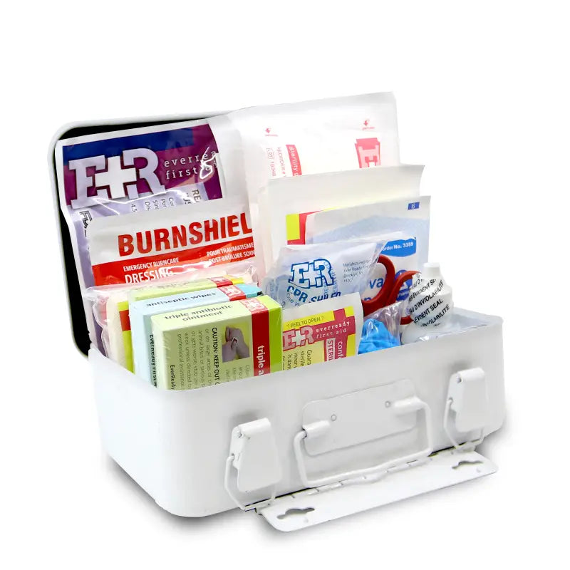 Open white first aid kit with metal case suitable for first responders and firefighters