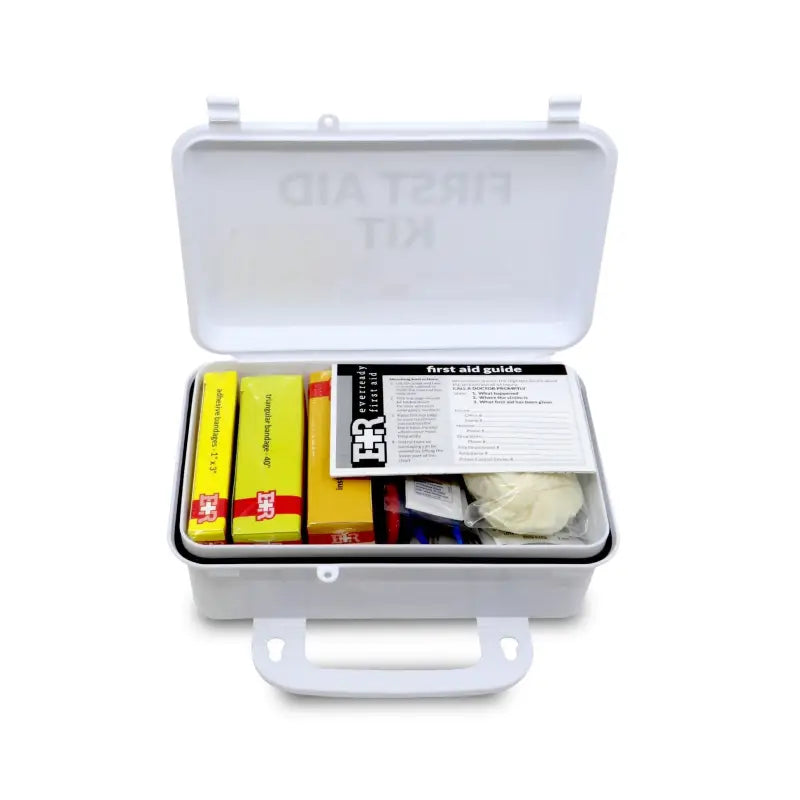 Open white first aid kit with plastic case for first responders and firefighters