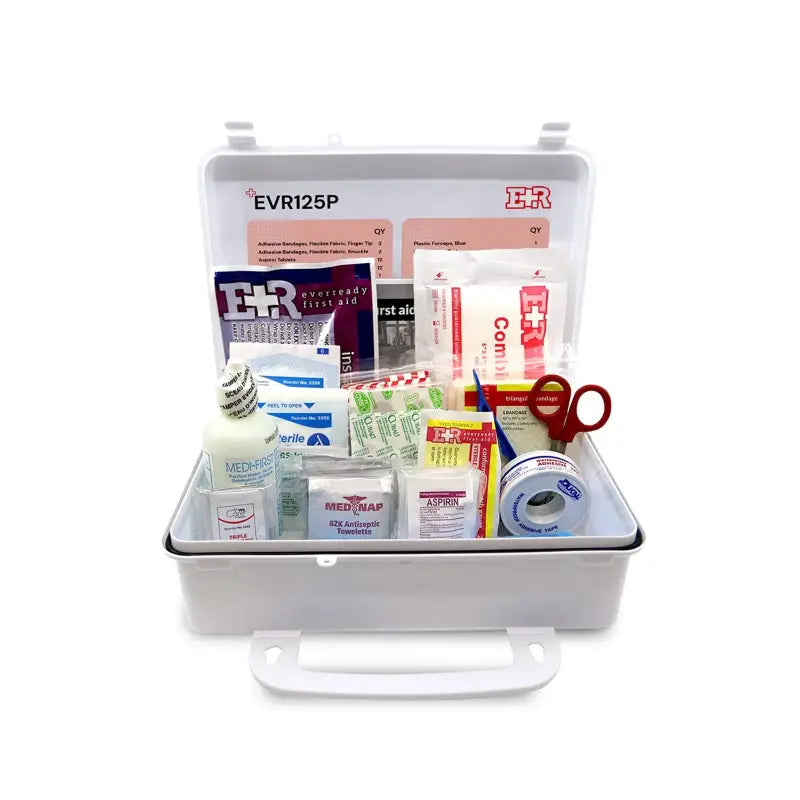 Open white first aid kit in plastic case for first responders and firefighters readiness
