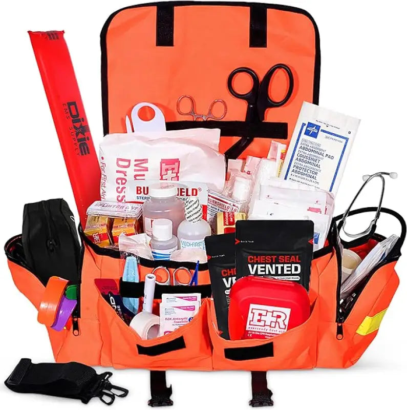 Orange first aid kit for first responders, firefighter and police emergency use