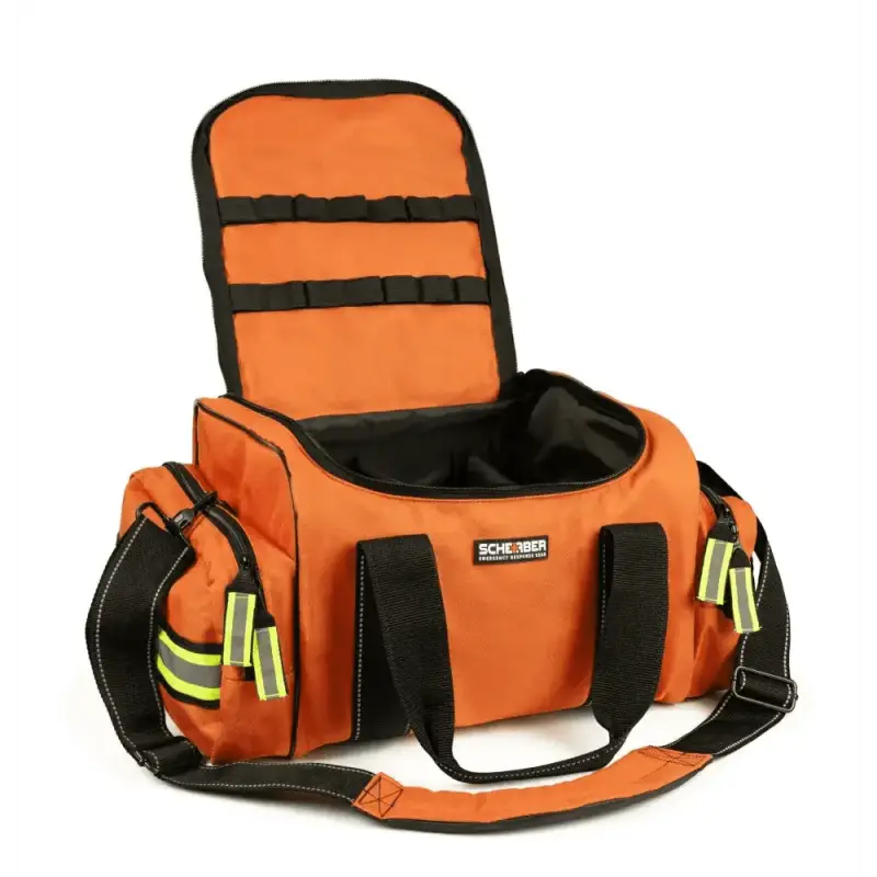 Orange EMS trauma bag with black trim and reflective stripes for professional essentials EMT