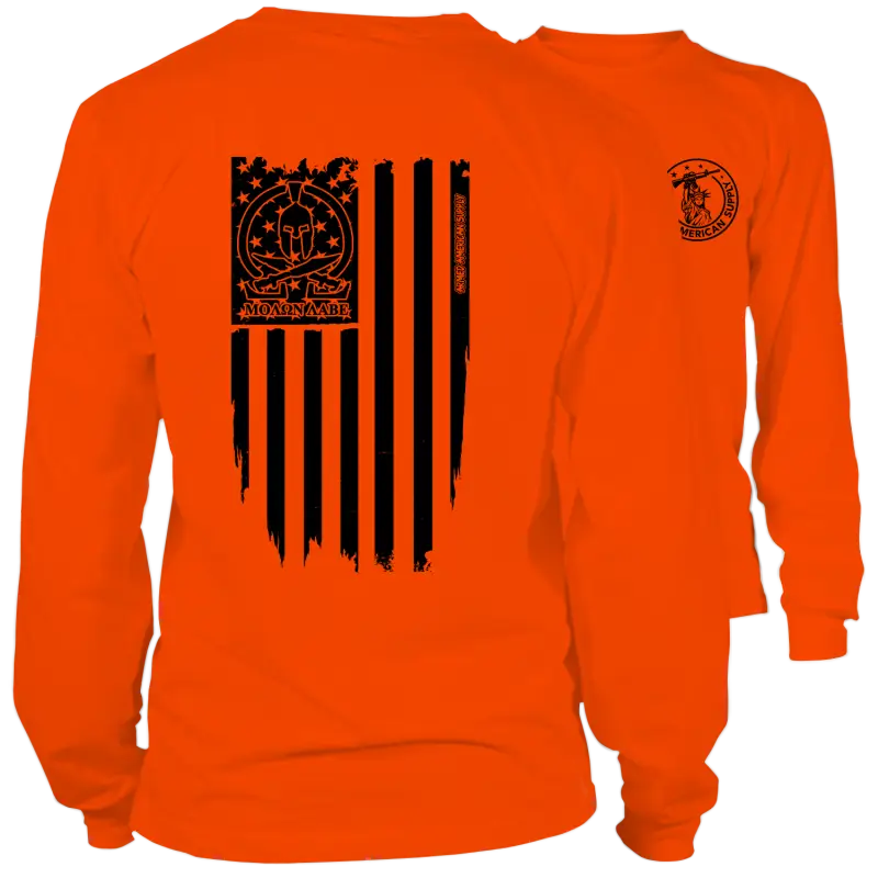 Orange long-sleeved Molon Labe Ghost Flag Hi-Vis T-Shirt displayed for purchase