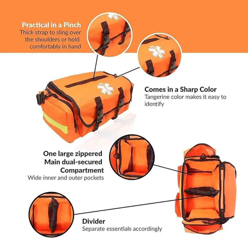 Orange medical bag with compartments for first responders, firefighters, and police trauma kits