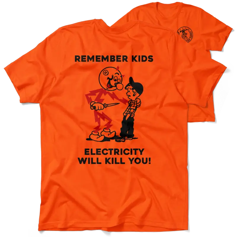 Orange T-shirt with electricity warning graphic from Remember Kids Safety Yellow T-Shirt collection