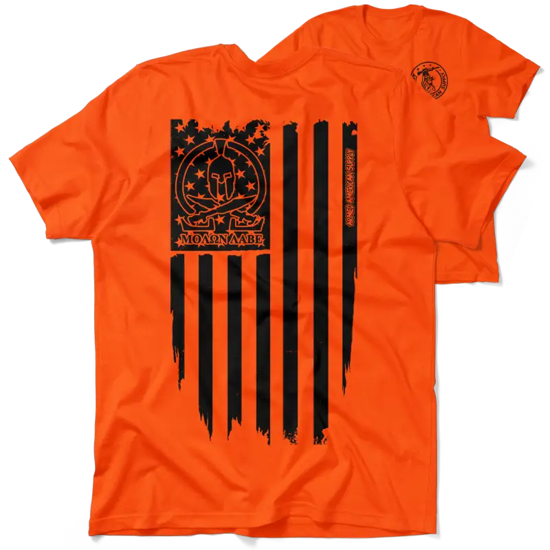 Orange t-shirt featuring Spartan flag design from the Molon Labe Ghost collection