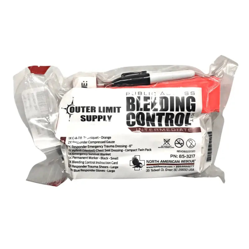 Outer Limit Supply bleeding control kit with rolled gauze in red and white packaging