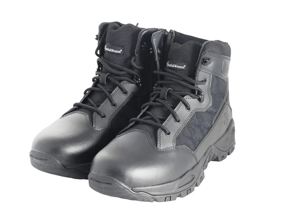Black tactical boots with polishable toe for hot weather and first responders