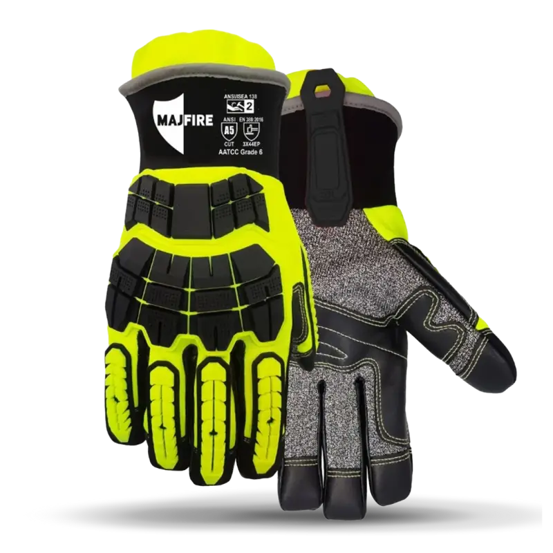 High-visibility work gloves with bloodborne pathogen barrier for MFA15B extrication tasks