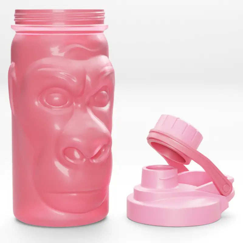 Pink gorilla-shaped water bottle with open lid, Harambe Shaker Bottle for fitness