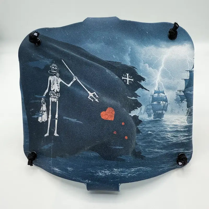 Pirate-themed decorative shield with skull and ships for police or firefighter cosplay or display