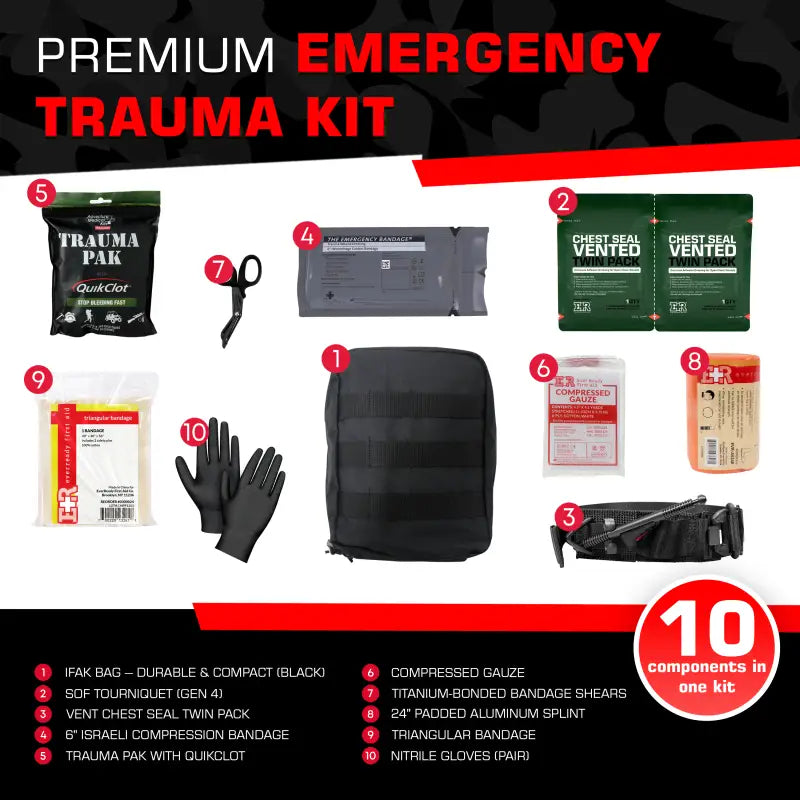 Premium IFAK Trauma Kit in black for emergency response and first responders or firefighters