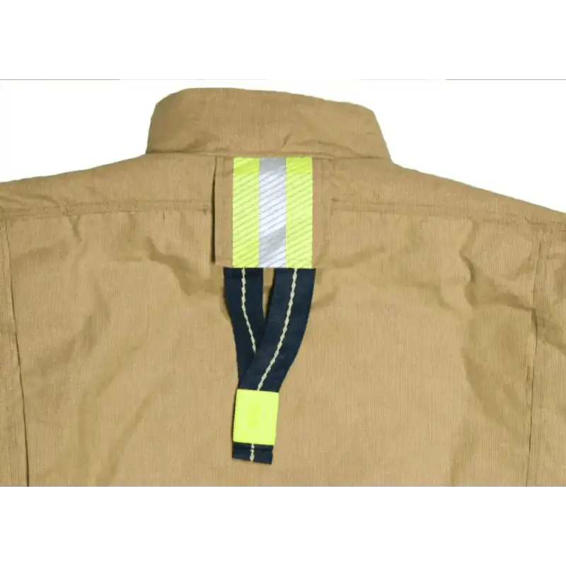 Tan Prime Fire Gear Jacket featuring reflective yellow and white trim color stripes