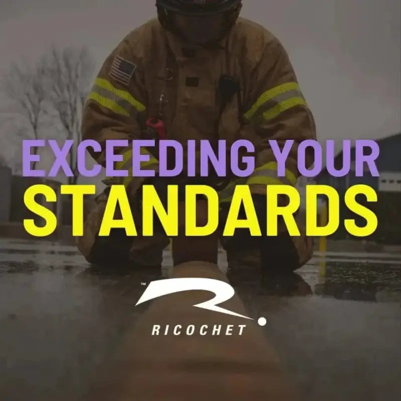 Motivational EXCEEDING YOUR STANDARDS text over firefighter background on Prime Fire Gear Jacket