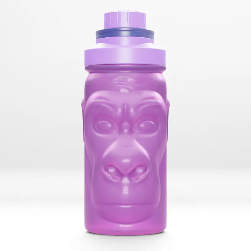 Purple gorilla-faced shaker bottle from Harambe Shaker Bottles for fun hydration